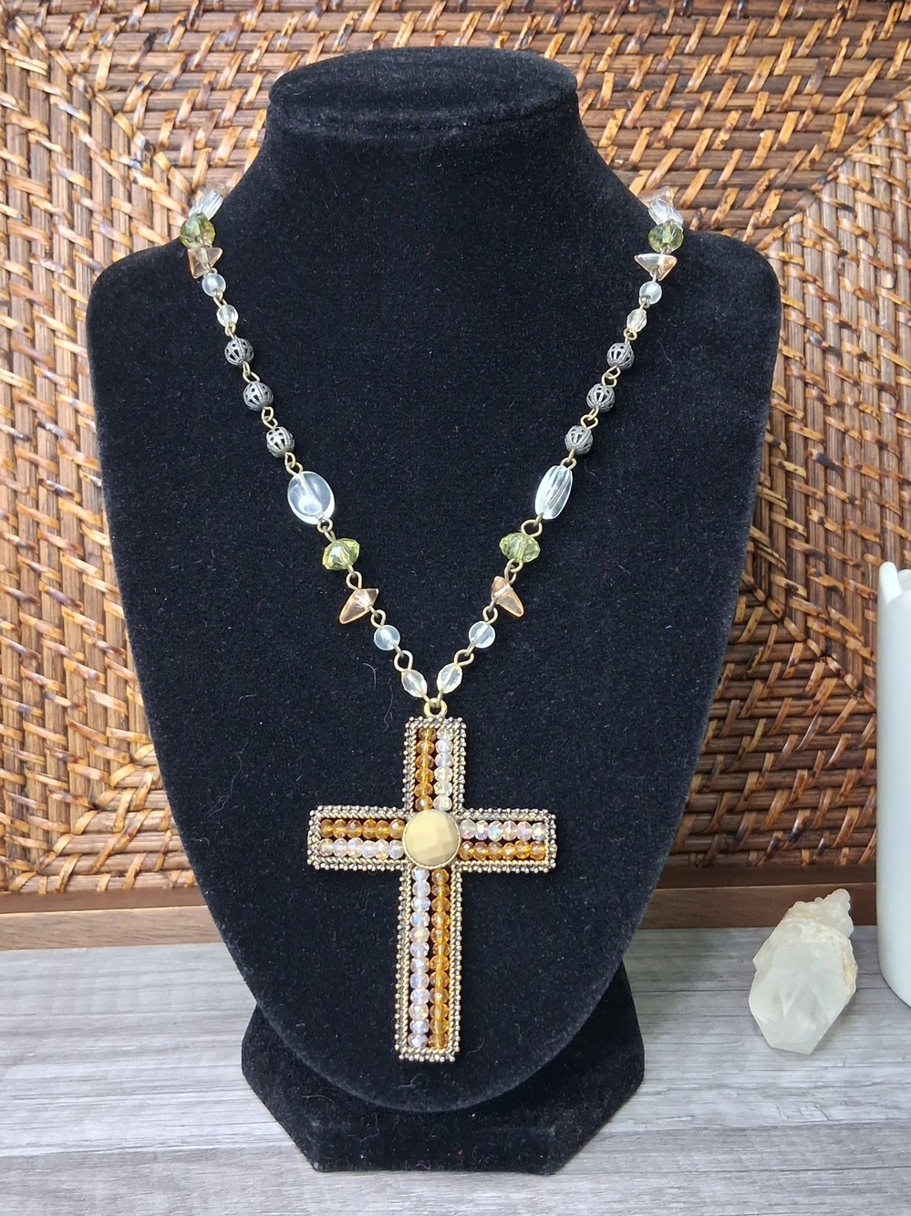 Beaded Cross Pendant Necklace in Gold Green and Amber